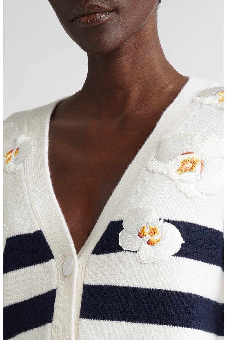 Embroidered Orchid Stripe Wool Cardigan, Alternate, color, NAVY/ IVORY
