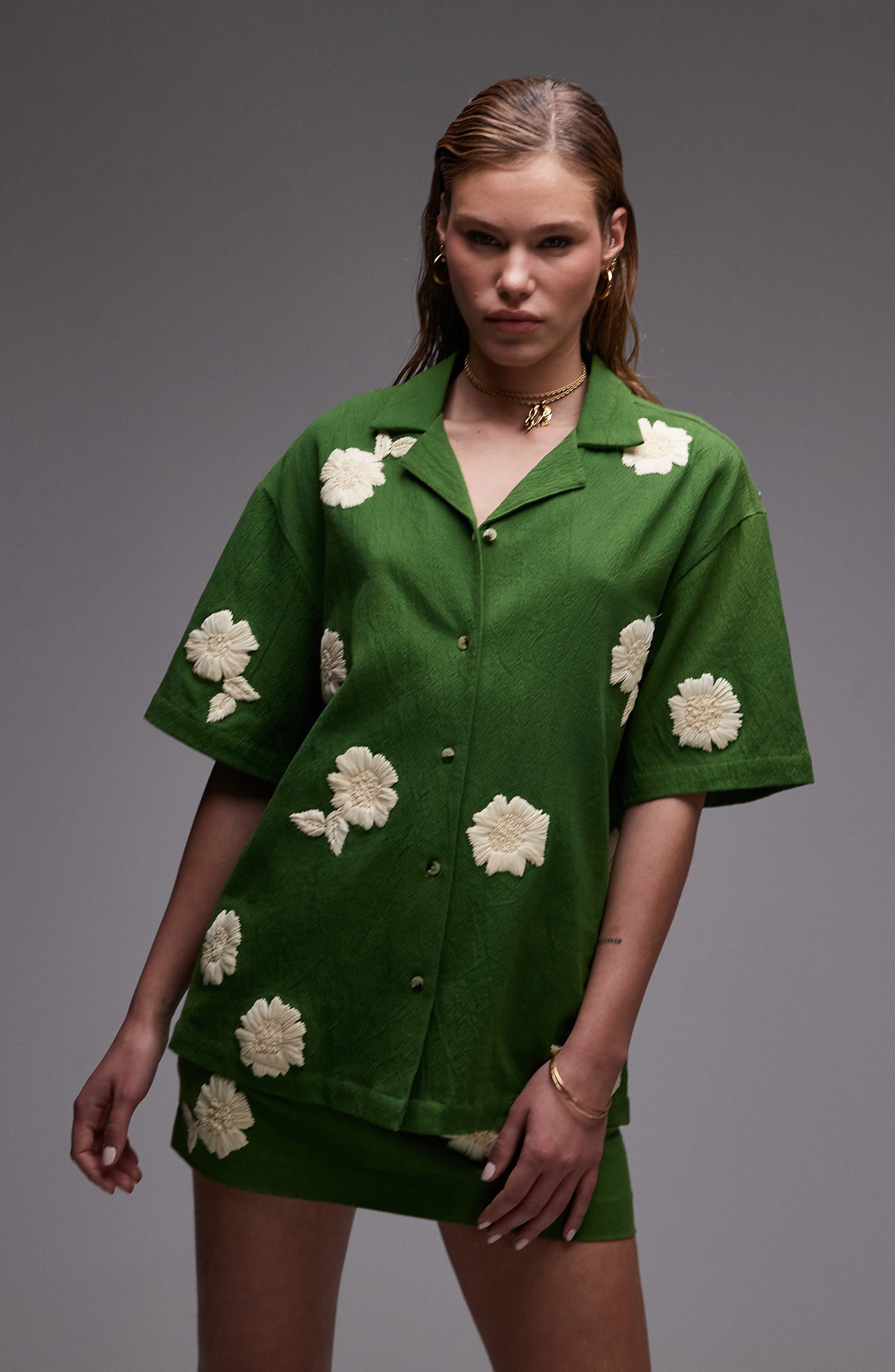 Topshop Raffia Flower Button-Up Resort Shirt