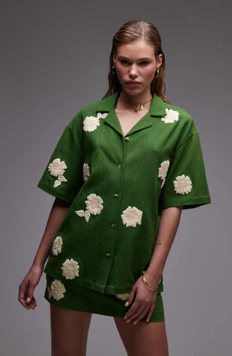 Topshop Raffia Flower Button-Up Resort Shirt