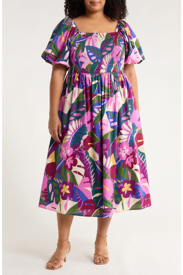 Blain Floral Maray Smocked Cotton Midi Dress, Main, color, PURPLE MULTI