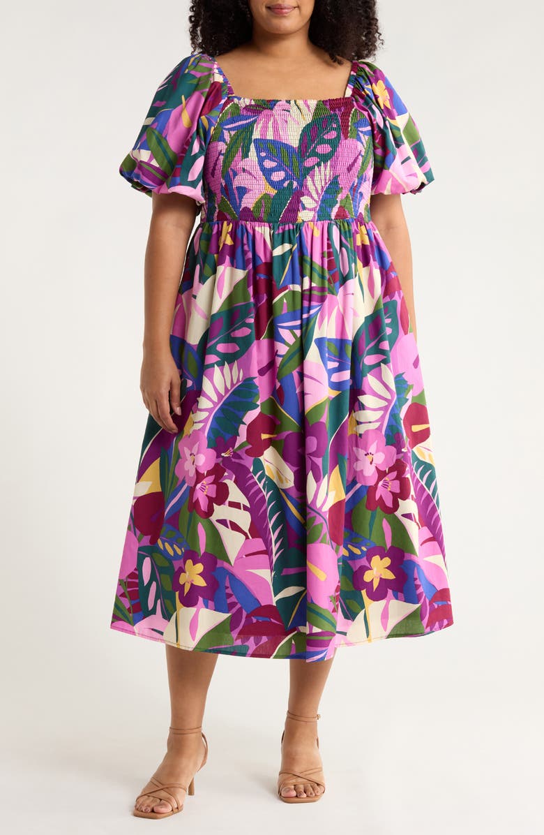 SUGARLIPS Blain Floral Maray Smocked Cotton Midi Dress, Main, color, Purple Multi