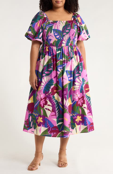 Blain Floral Maray Smocked Cotton Midi Dress (Plus)