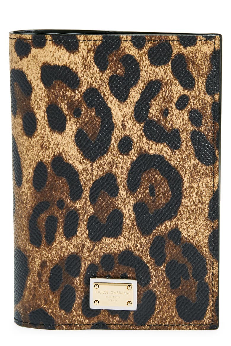 Leopard Print Leather Passport Wallet, Main, color, BEIGE/ BLAC