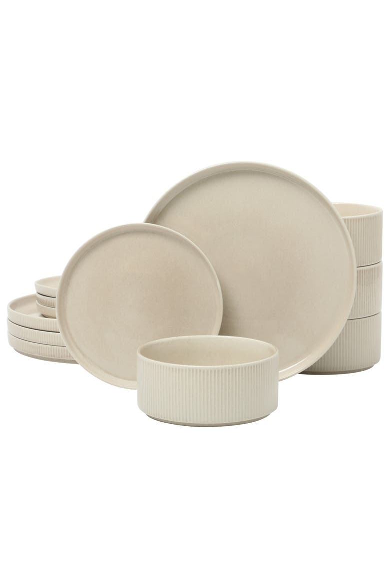 Solana Coast 12-Piece Reactive Glaze Embossed Stoneware Dinnerware Set, Main, color, Whie
