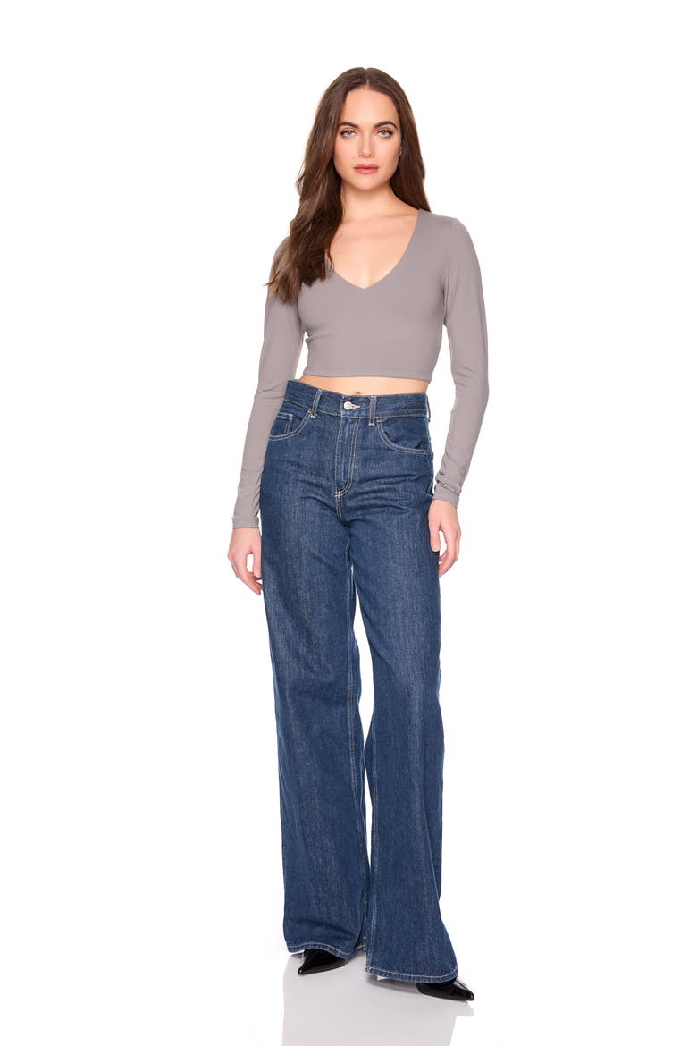 Long Sleeve V-Neck Crop Top, Alternate, color, PEWTER