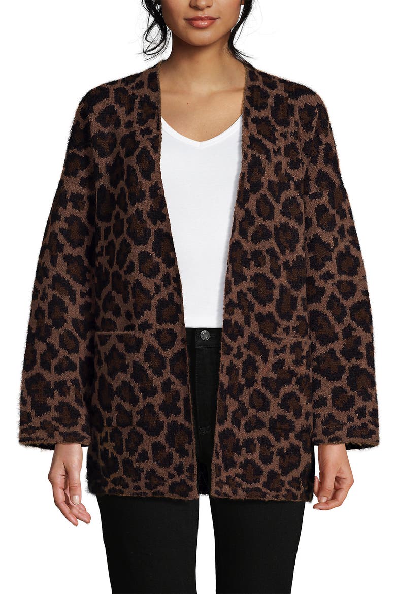 Fuzzy Jacquard Cardigan Jacket Sweater, Alternate, color, Dark Clay Animal Spots