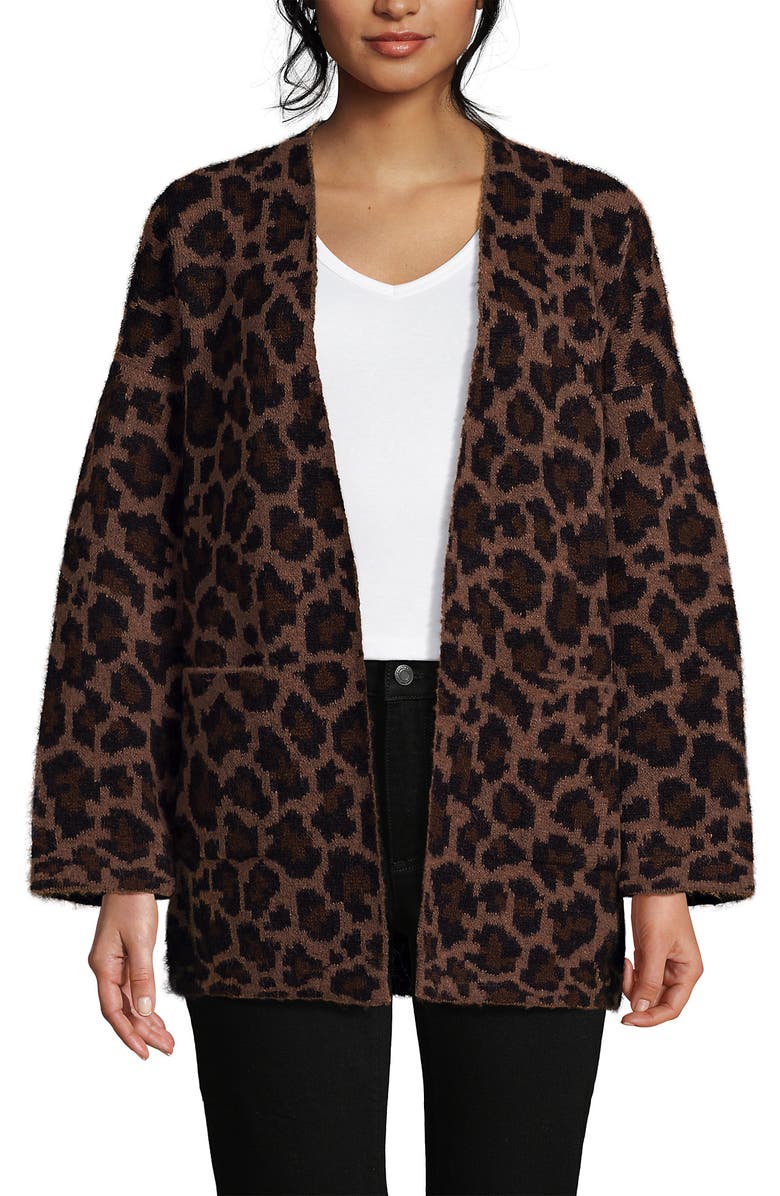 Lands' End Fuzzy Jacquard Cardigan Jacket Sweater, Alternate, color, Dark Clay Animal Spots