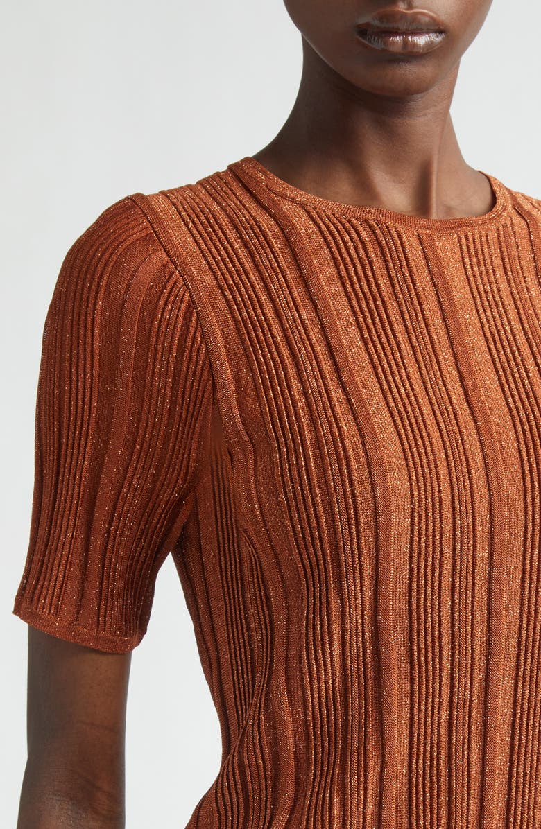 Zimmermann Indra Short Sleeve Shimmer Rib Sweater, Alternate, color, Metallic Tan