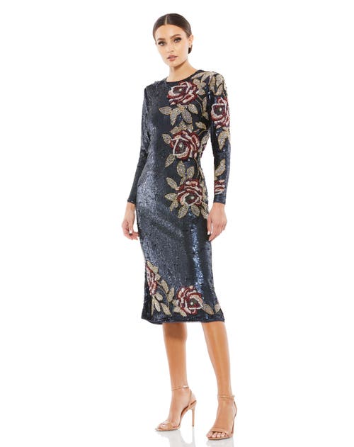 Mac Duggal Sequined Asymmetrical Floral Long Sleeve Midi Dress in Midnight 