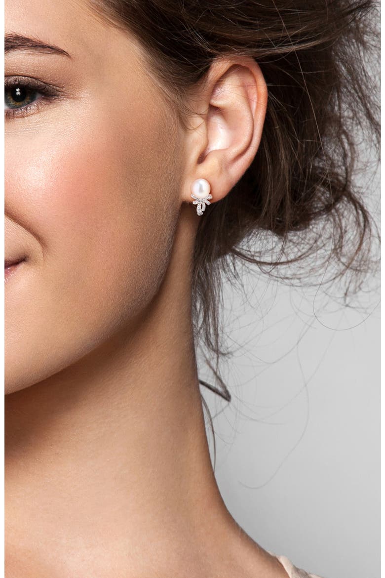 Lab Created White Sapphire & Cultured Pearl Bow Stud Earrings, Alternate, color, WHITE GOLD