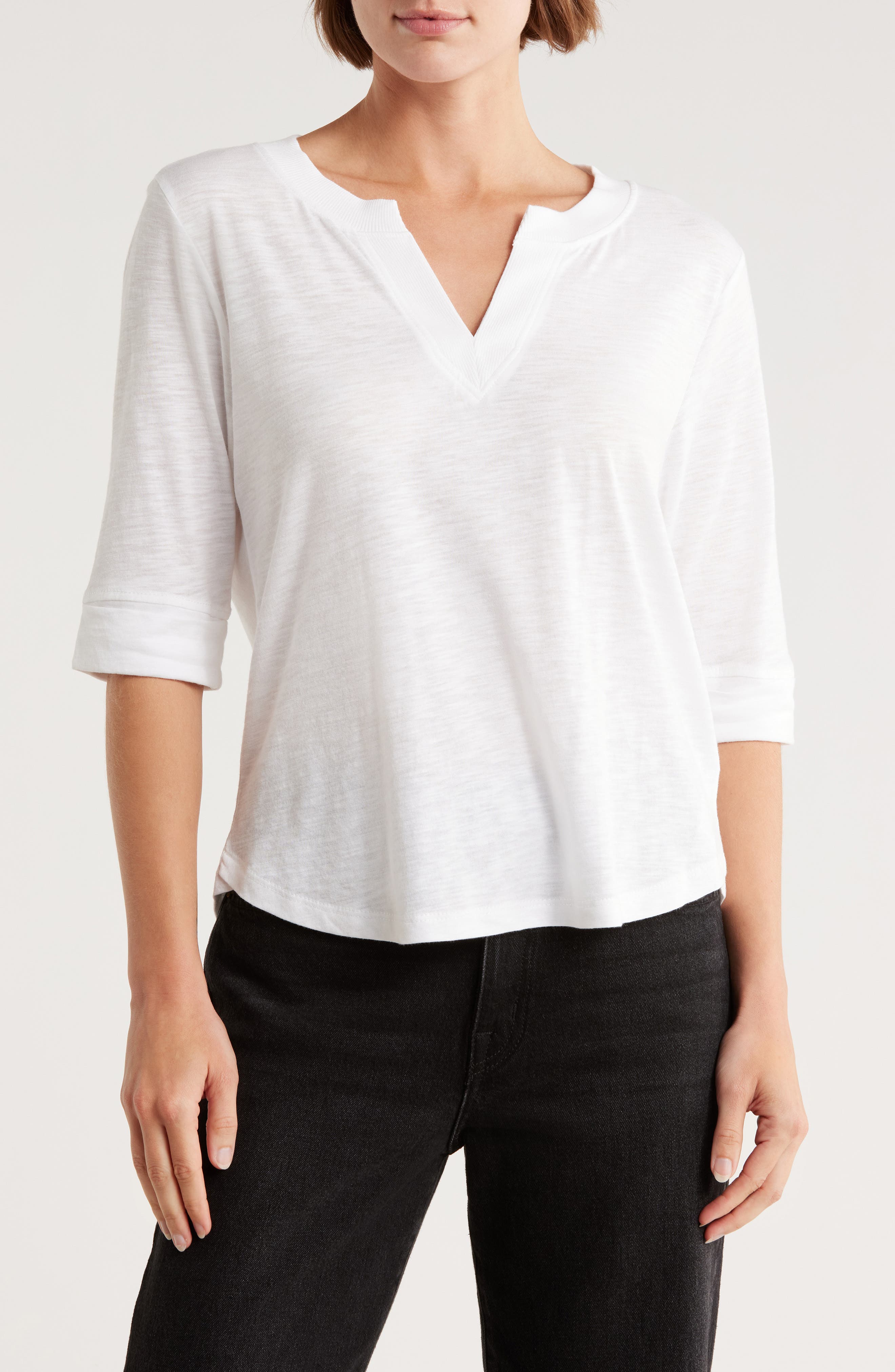Democracy Split Neck Three-Quarter Sleeve Top
