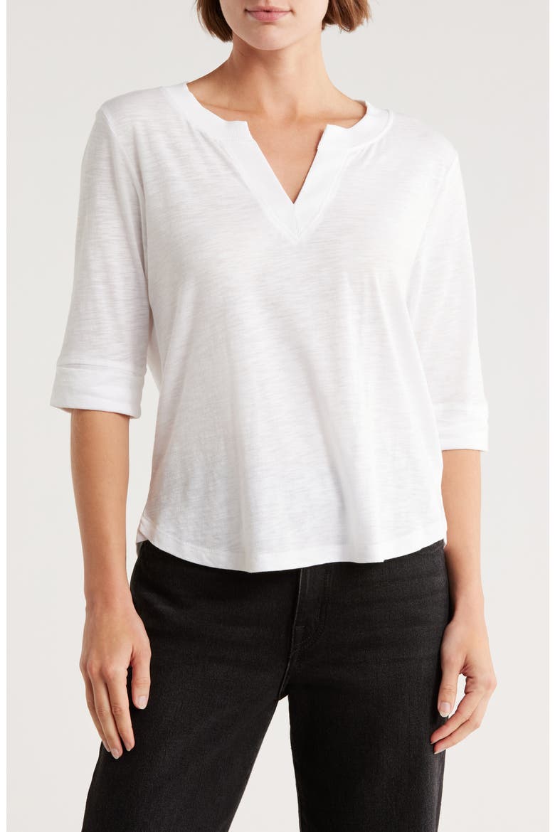 Split Neck Three-Quarter Sleeve Top, Main, color, OFF WHITE