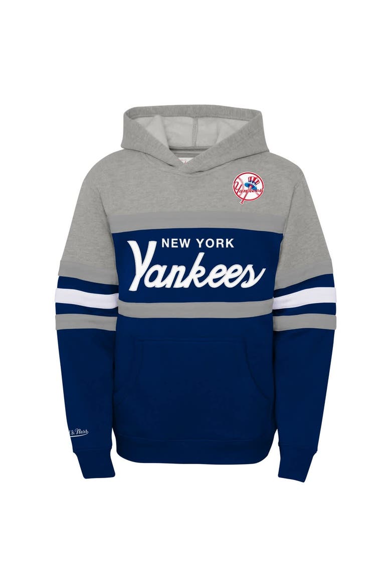 Youth Mitchell & Ness Heather Gray/Navy New York Yankees Cooperstown Collection Head Coach Pullover Hoodie, Alternate, color, Heather Gray