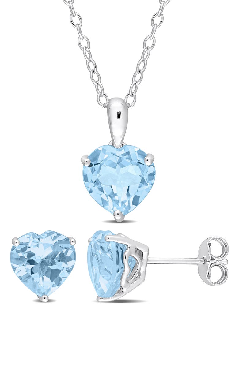 DELMAR Heart Cut Sky Blue Topaz Pendant Necklace & Stud Earrings Set, Main, color, Blue