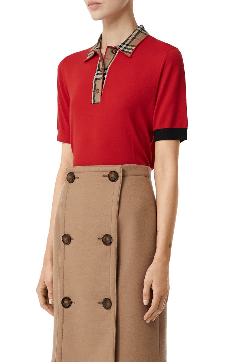 Burberry Penk Vintage Check Trim Merino Wool Polo Sweater, Alternate, color, 