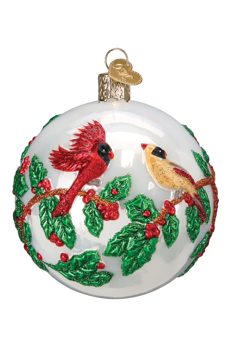 Hollyberry Birds Round Glass Ornament, Main, color, WHITE