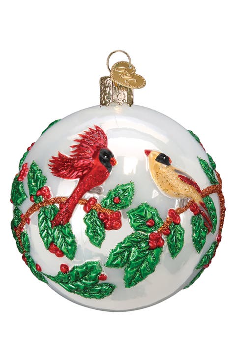 Hollyberry Birds Round Glass Ornament