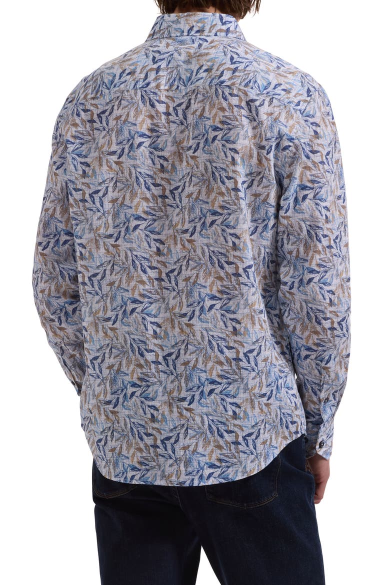 Julian Shaped Fit Leaf Print Cotton & Linen Button-Up Shirt, Alternate, color, COBALT