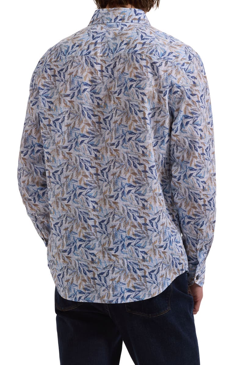 Bugatchi Julian Shaped Fit Leaf Print Cotton & Linen Button-Up Shirt, Alternate, color, Cobalt