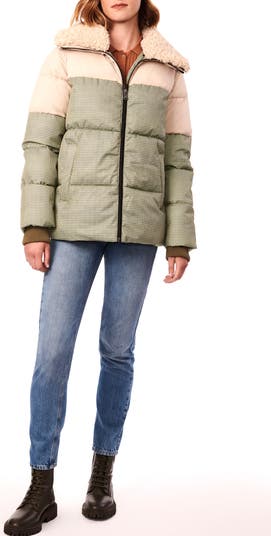 Mixed Media Faux Fur Trim Puffer Jacket