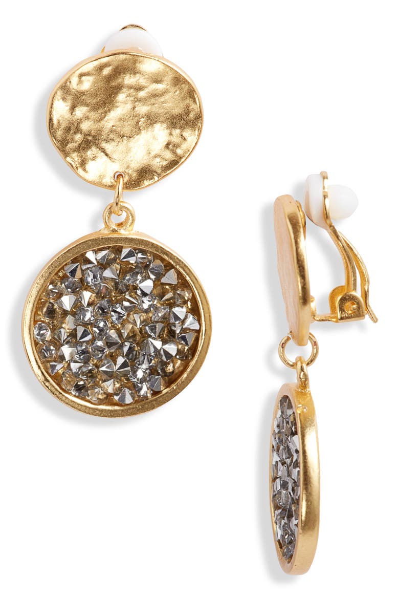 Pavé Crystal Clip-On Drop Earrings, Main, color, GOLD