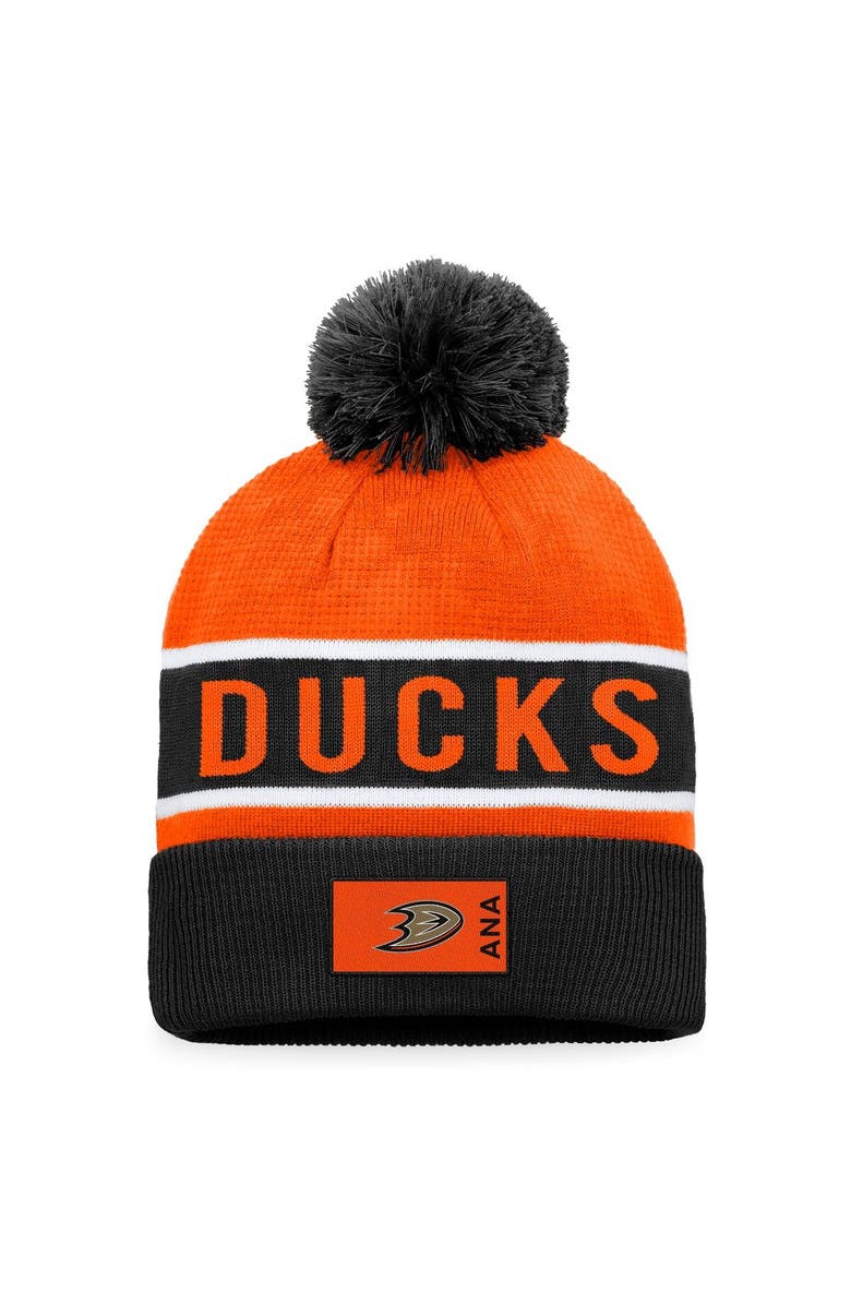 FANATICS Men's Fanatics Branded Black/Orange Anaheim Ducks Authentic Pro Rink Cuffed Knit Hat with Pom, Main, color, 