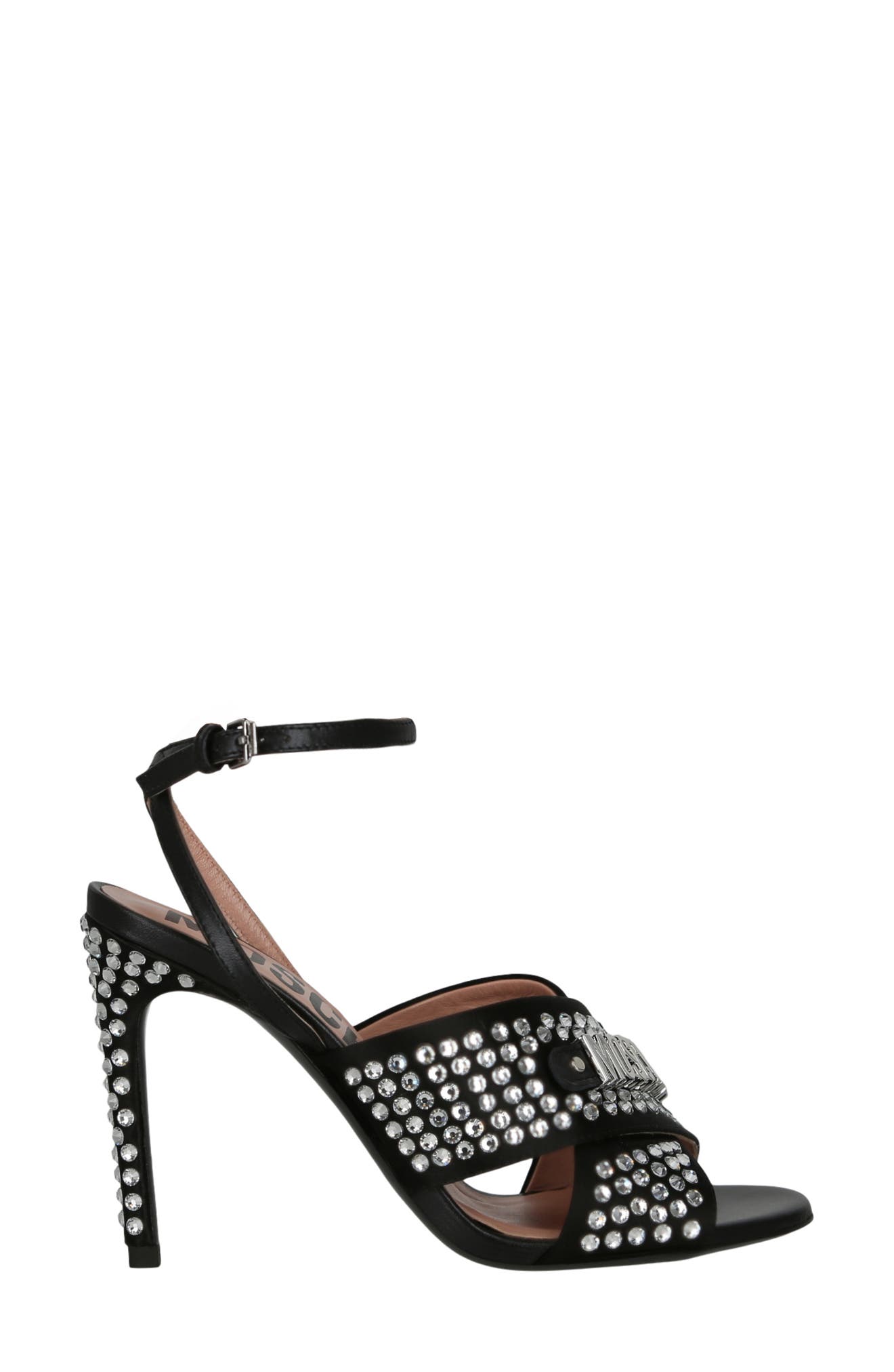 Moschino Crystal Embellished Satin Sandal, Alternate, color, Black