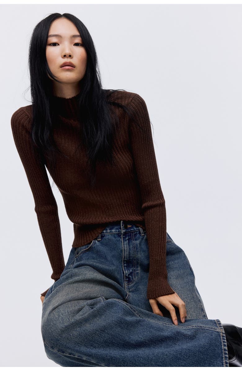 H&M Glittery Turtleneck Top, Alternate, color, Dark Brown