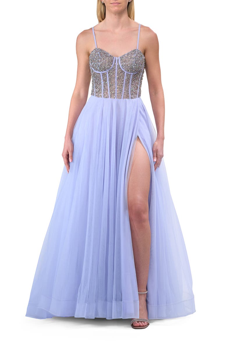 Rhinestone Embellished Corset with Lace Up Back and Tulle Skirt, Alternate, color, Light Periwinkle