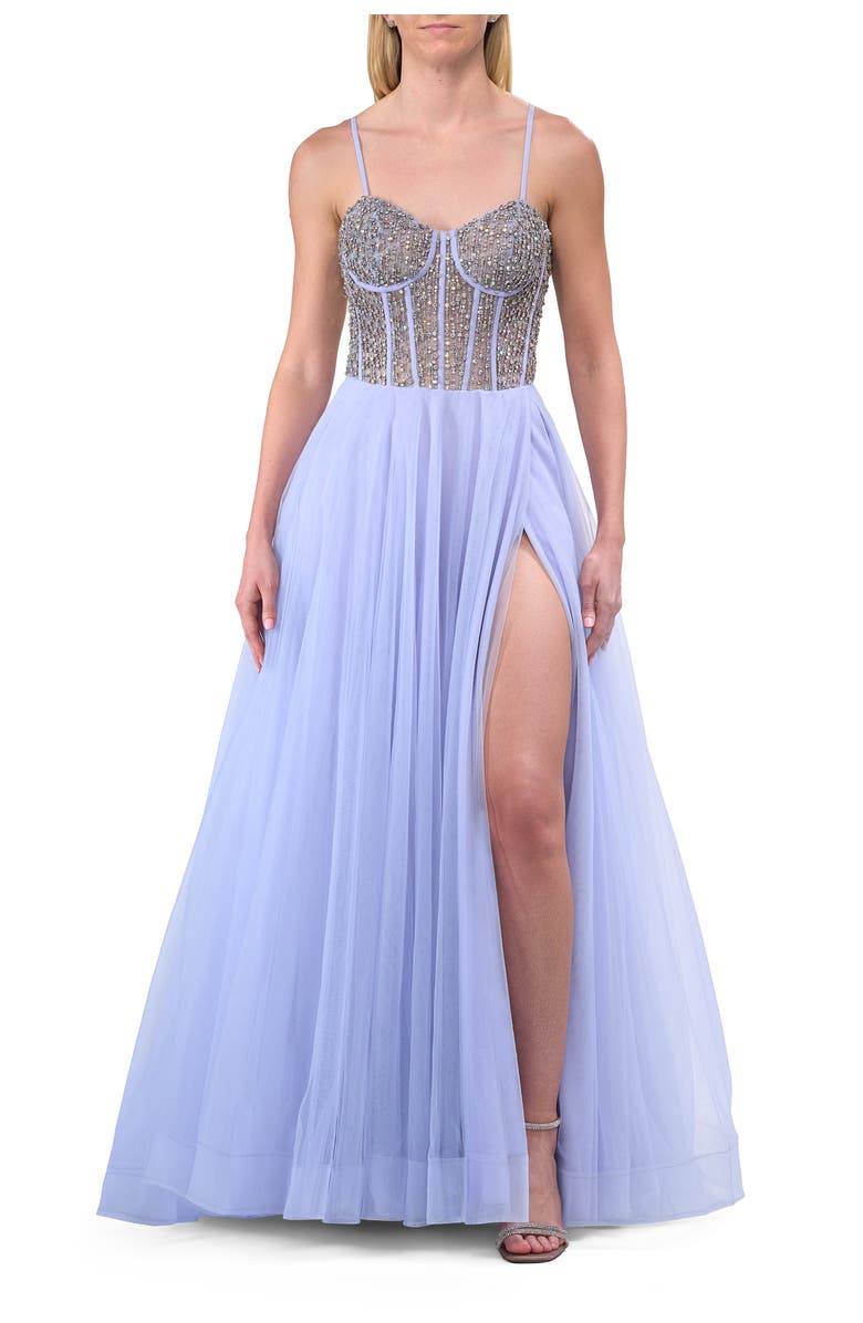 La Femme Rhinestone Embellished Corset with Lace Up Back and Tulle Skirt, Alternate, color, Light Periwinkle