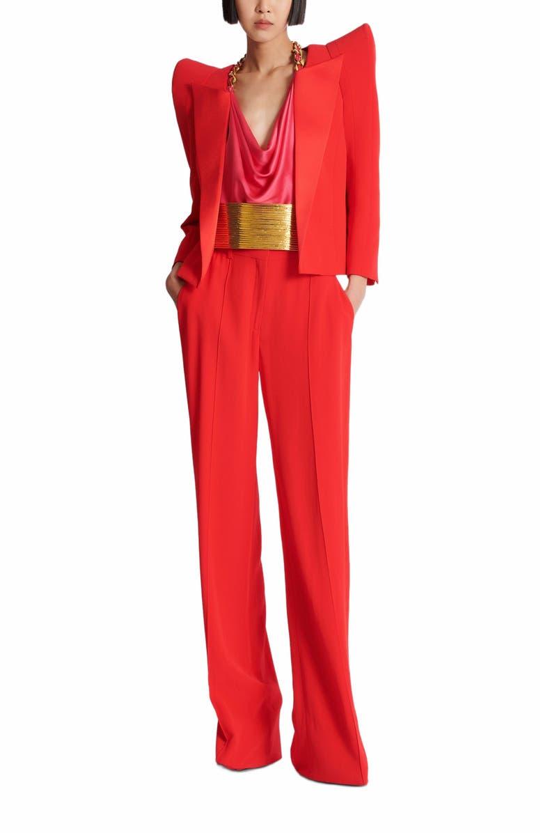 Balmain Crepe Straight-Leg Tailored Trousers, Alternate, color, Red