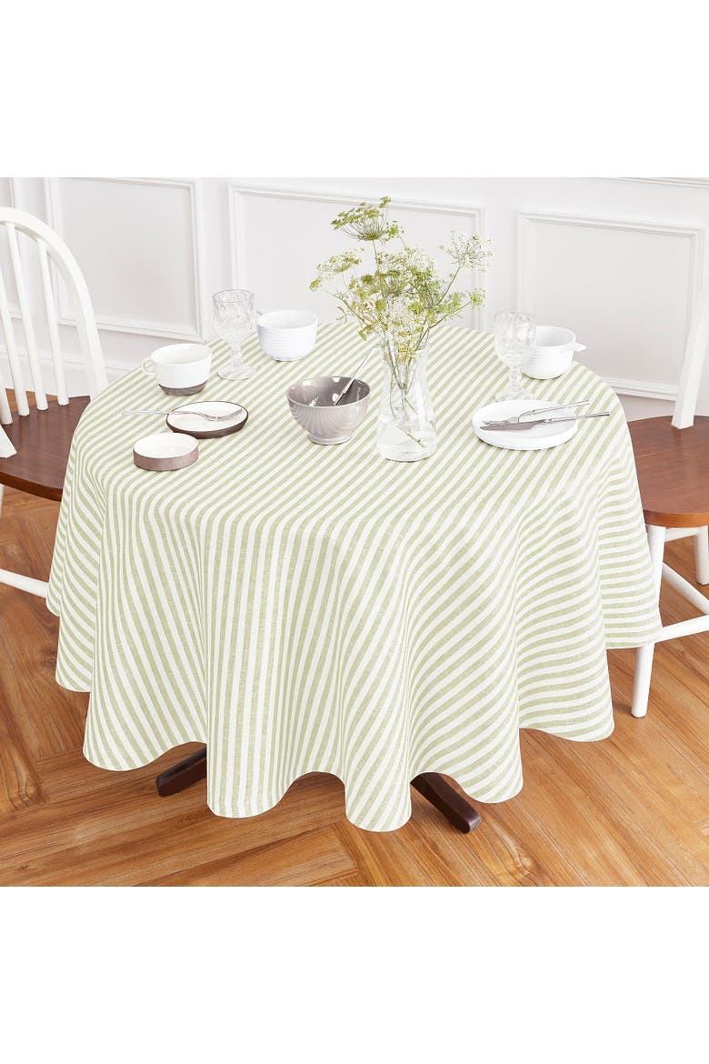 Linen Round Tablecloth - Amalfi Stripe, Alternate, color, Sage and White