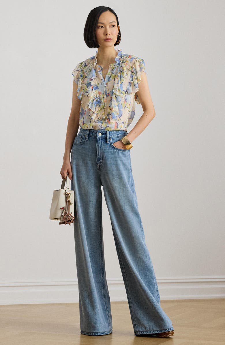 Lauren Ralph Lauren Floral Print Ruffle Trim Button-Up Top, Alternate, color, Blue Multi