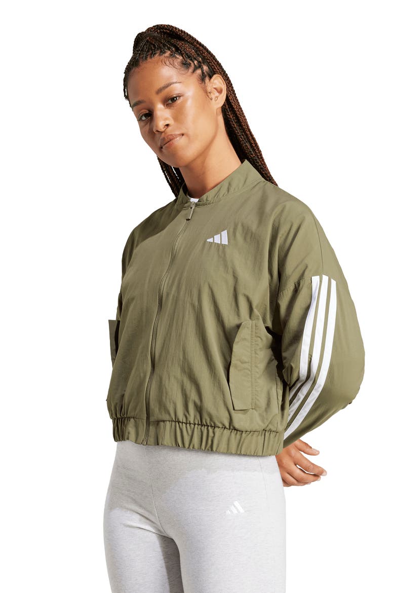 3-Stripes Woven Bomber Jacket, Alternate, color, OLIVE STRATA/ WHITE