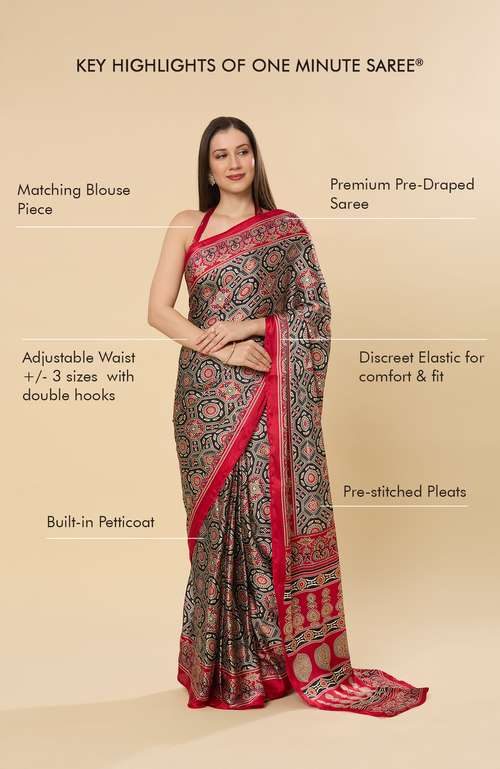 One Minute Saree® Zoya Ajrakh Red Pre-draped Satin Printed Saree