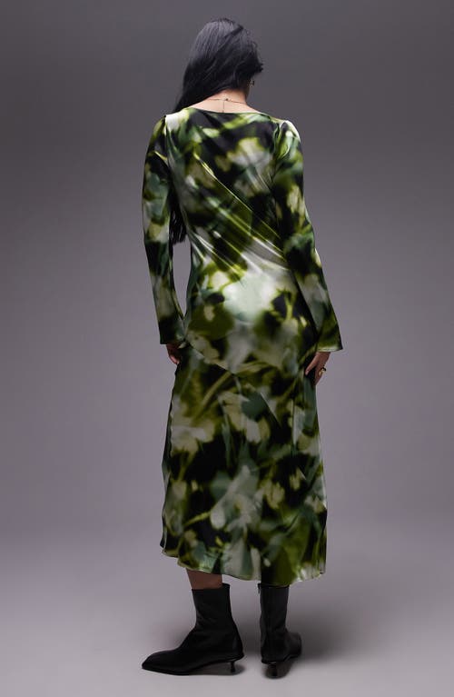 Topshop Abstract Print Cutout Detail Long Sleeve Satin Midi Dress In Mid Green