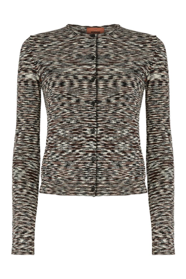 Short Crew Neck Cardigan In Smooth Flame Knit, Alternate, color, Black & Brown