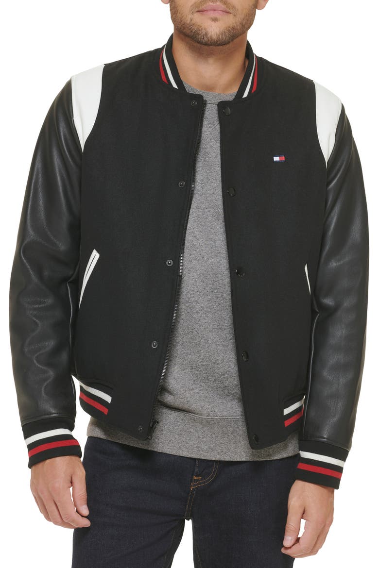 Faux Leather Letterman Varsity Jacket, Main, color, BLACK