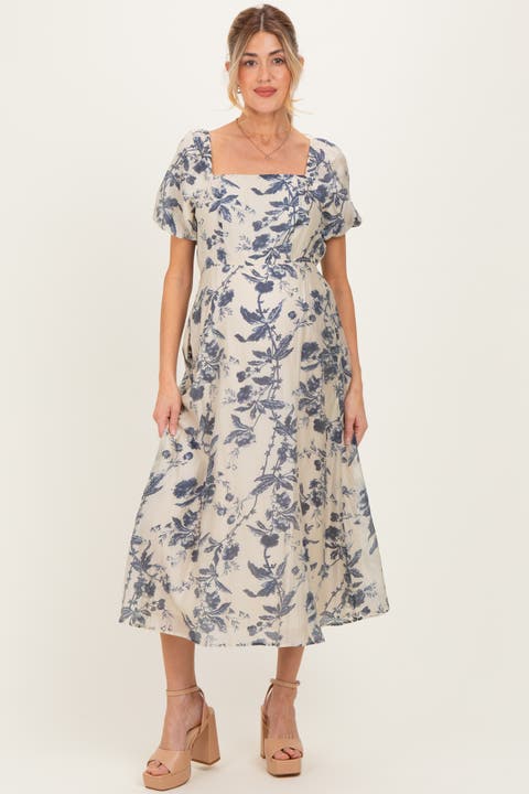 Floral Square Neck Puff Sleeve Midi Dress
