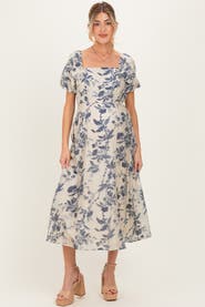PinkBlush Floral Square Neck Puff Sleeve Midi Dress