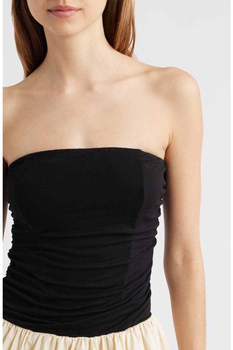 Strapless Bubble Hem Mixed Media Minidress, Alternate, color, BLACK