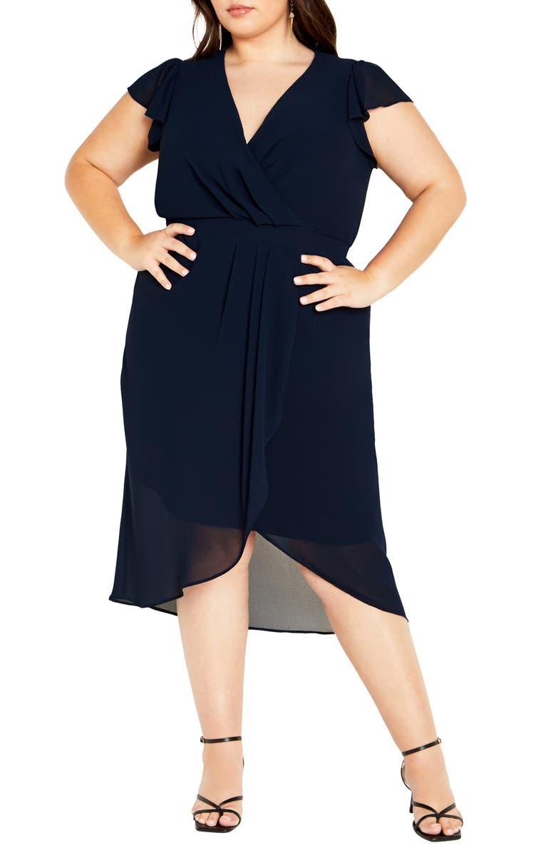 City Chic Faux Wrap Chiffon Midi Dress, Main, color, True Navy