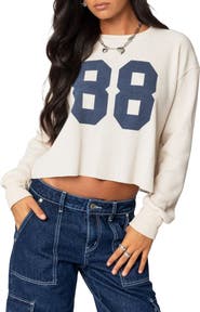 EDIKTED 88 Crop Long Sleeve Waffle Knit Top