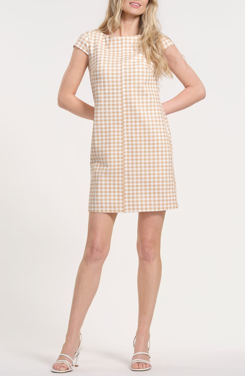 Isaac Mizrahi New York Gingham Cap Sleeve Minidress, Main, color, Beige/ White