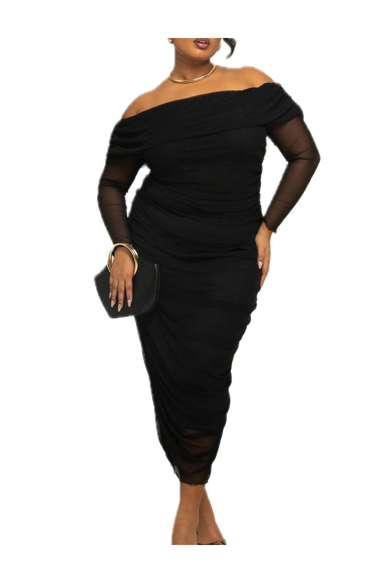FASHION-SZN CURVE Plus Size Bardot Ruched Midaxi Dress, Alternate, color, Black