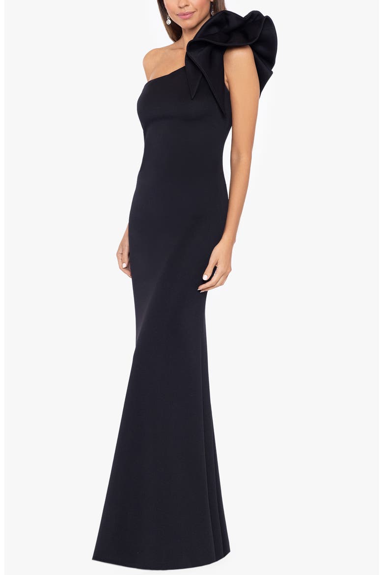 Ruffle One-Shoulder Trumpet Gown, Main, color, BLACK