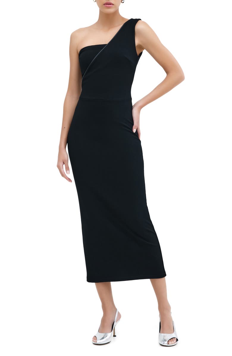 Marcella Nina One-Shoulder Ponte Midi Dress, Alternate, color, Black