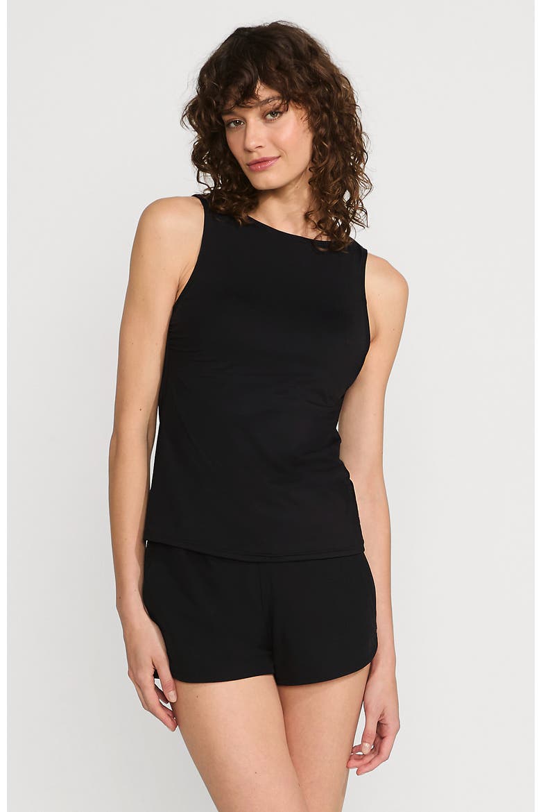 High Neck UPF 50 Modest Tankini Top Swimsuit, Main, color, Black