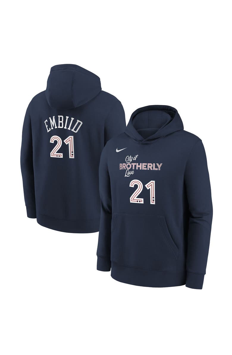 Nike Youth Nike Joel Embiid Navy Philadelphia 76ers 2023/24 City Edition Name & Number Pullover Hoodie, Main, color, 
