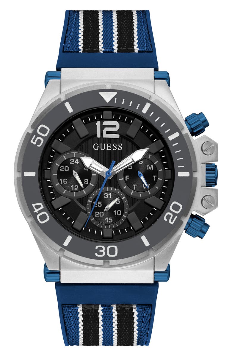 GUESS Multifunction Nylon and Silicone Strap Watch, 48mm, Main, color, 